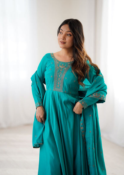 Teal Green Stunning Embroidered Anarkali Gown
