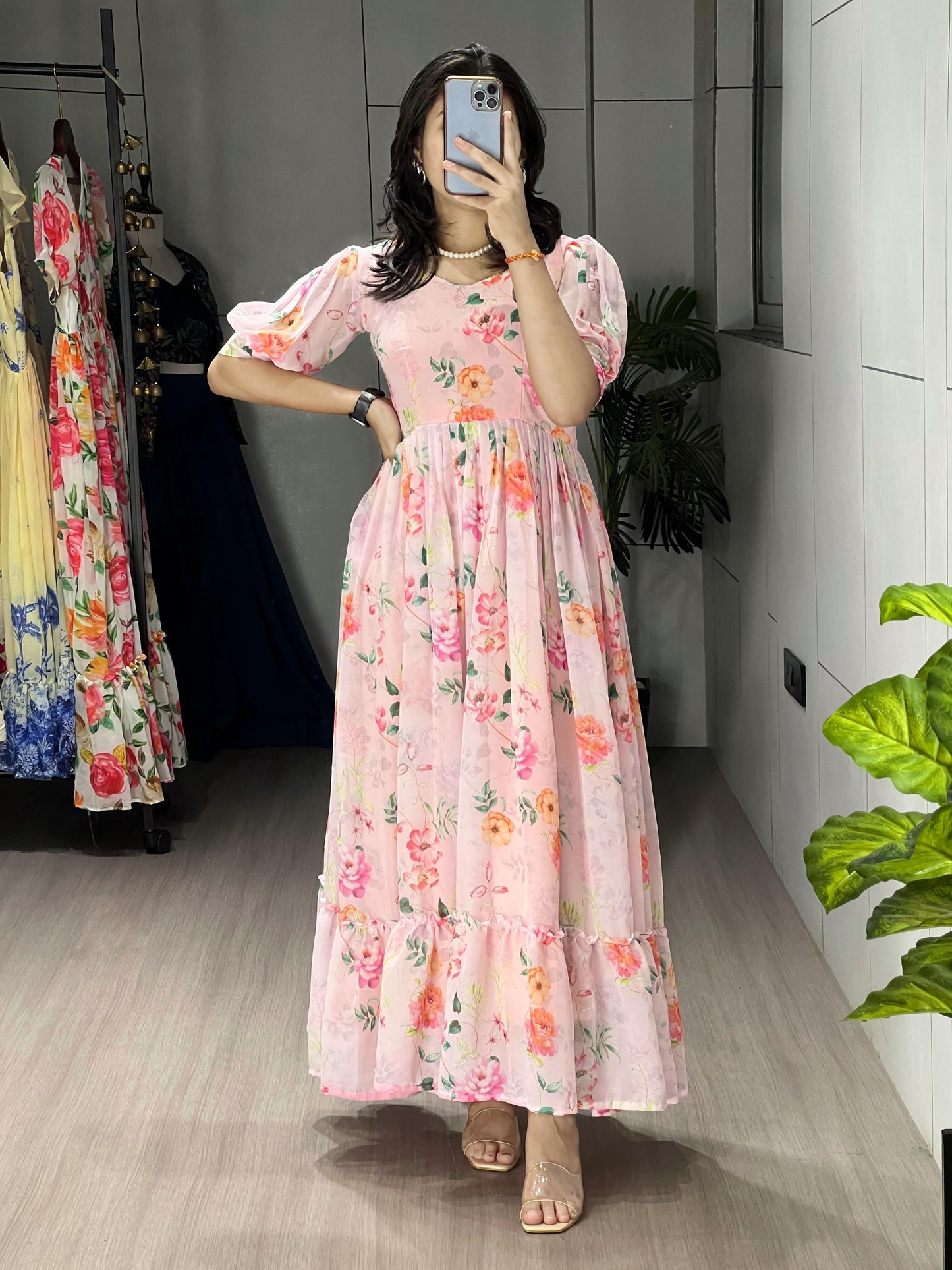Elegant Floral Puff Sleeve Maxi Dress