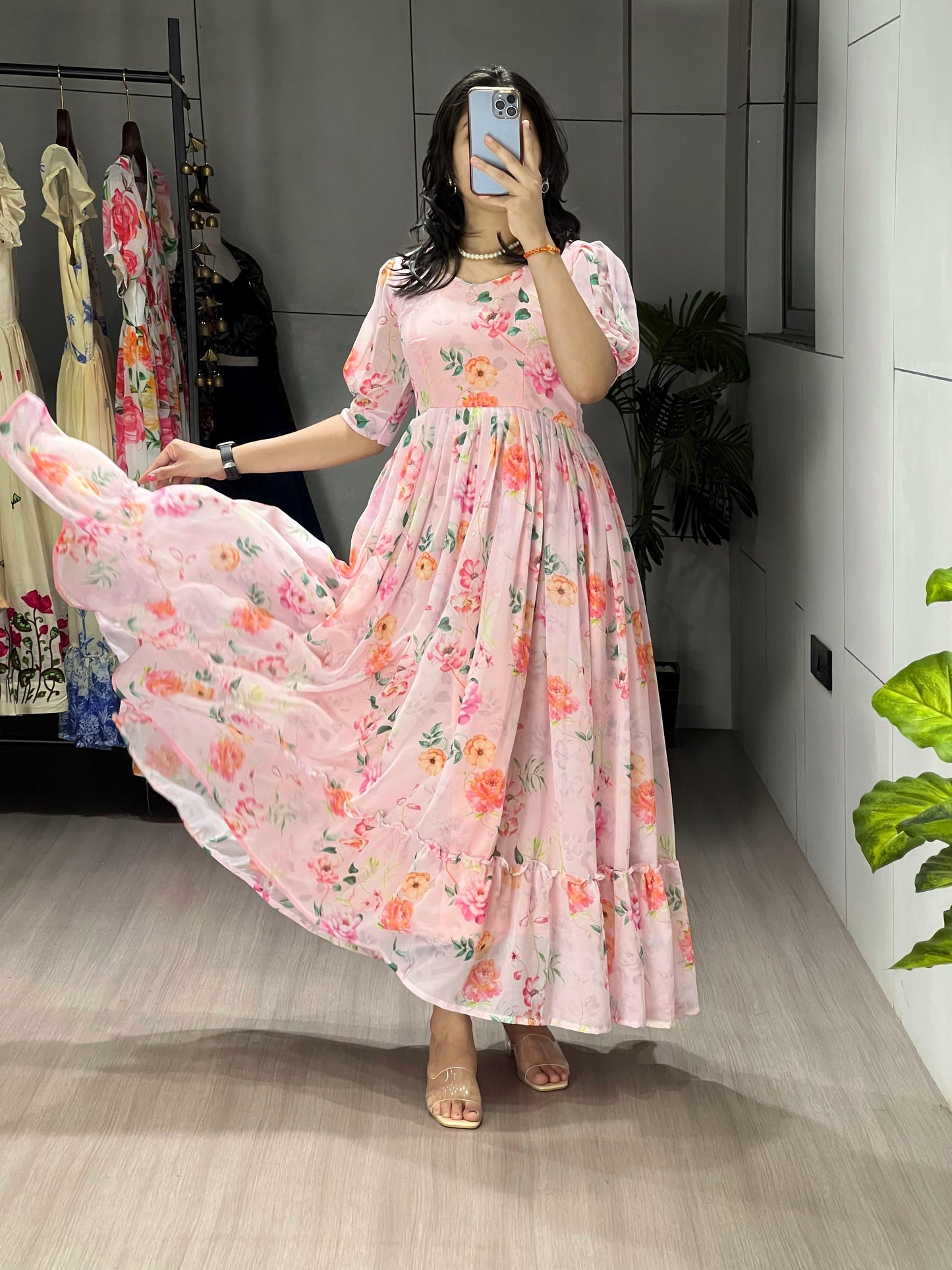 Elegant Floral Puff Sleeve Maxi Dress
