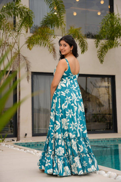 Teal Breeze Tropical Printed Maxi Dress