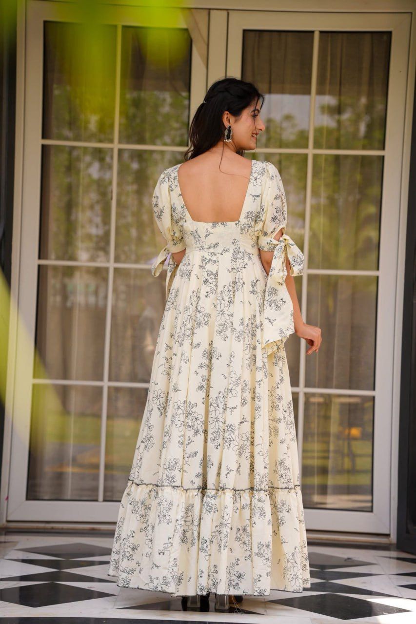 Ivory Garden Tie-Sleeve Floral Maxi Dress