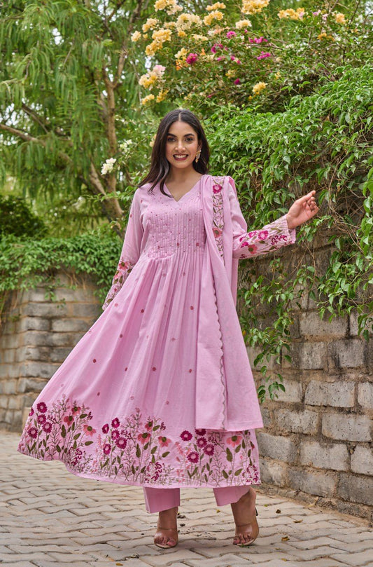 Pink Petal Handwork Kurti with Dupatta