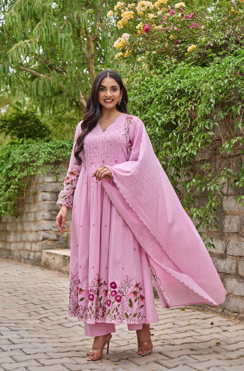 Pink Petal Handwork Kurti with Dupatta