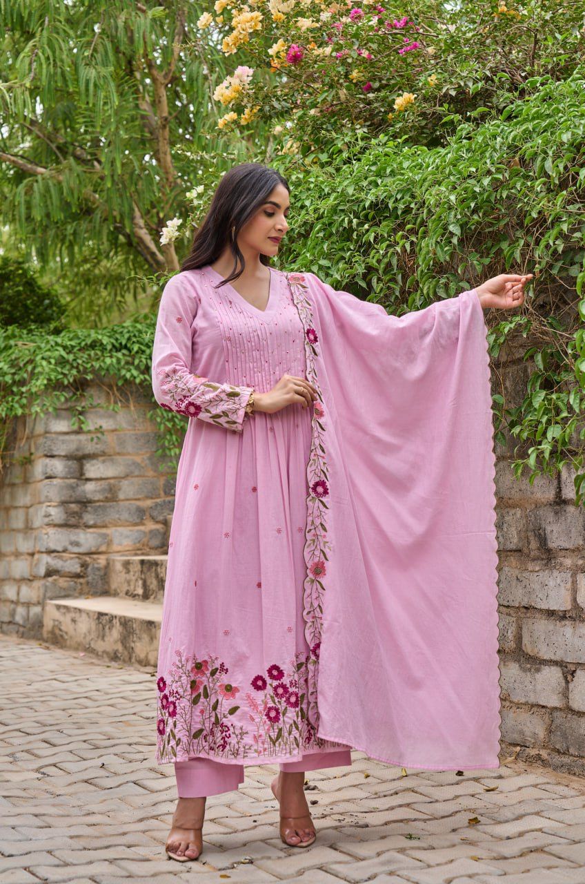 Pink Petal Handwork Kurti with Dupatta