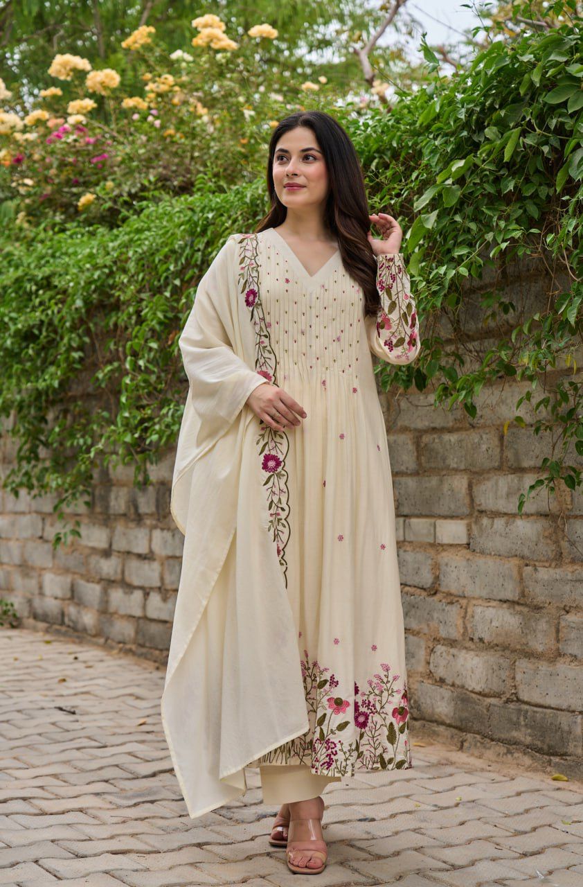 Off-White Embroidered Kurti with Dupatta
