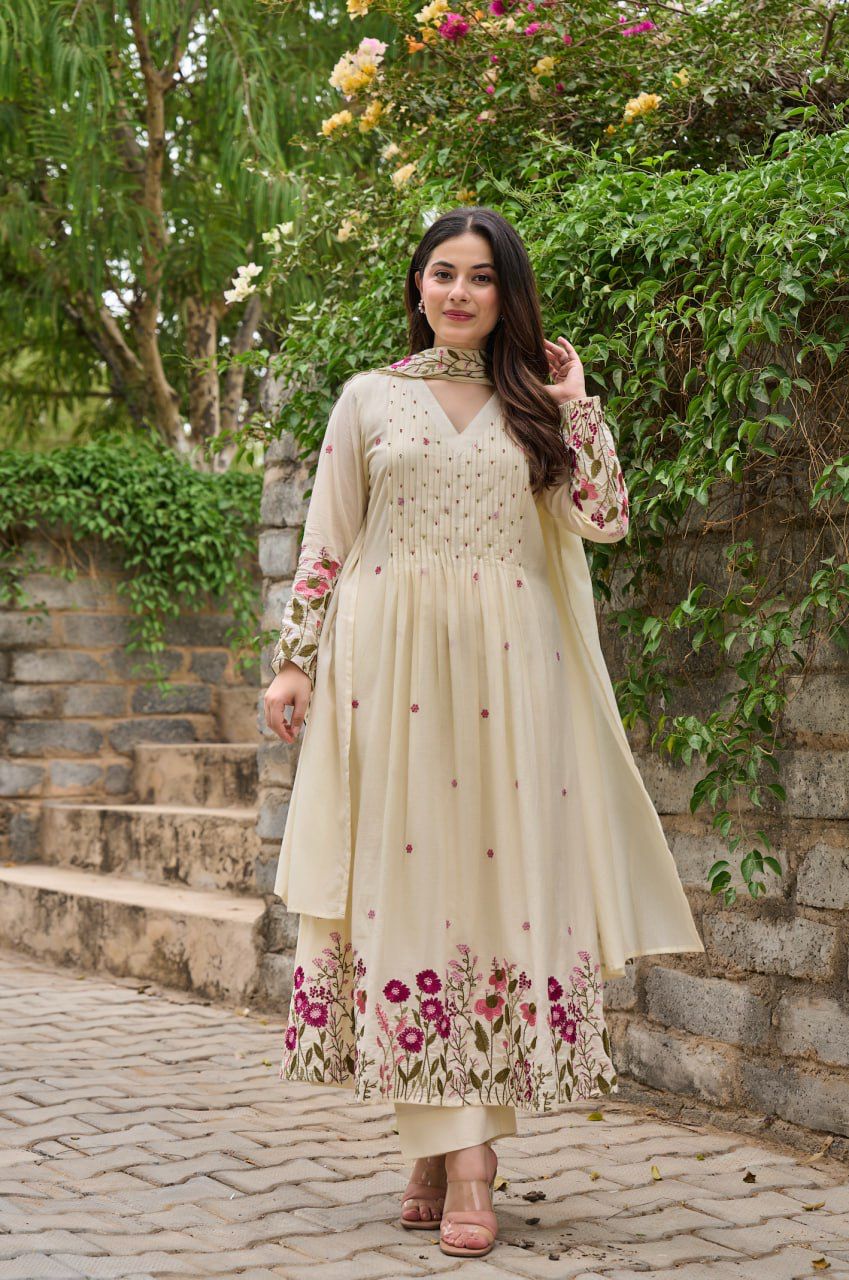 Off-White Embroidered Kurti with Dupatta