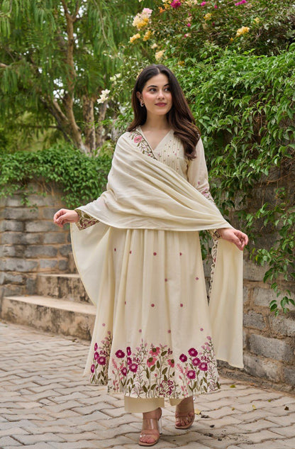 Off-White Embroidered Kurti with Dupatta
