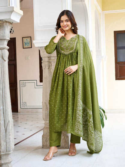 Olive Embroidered Anarkali Kurta Set