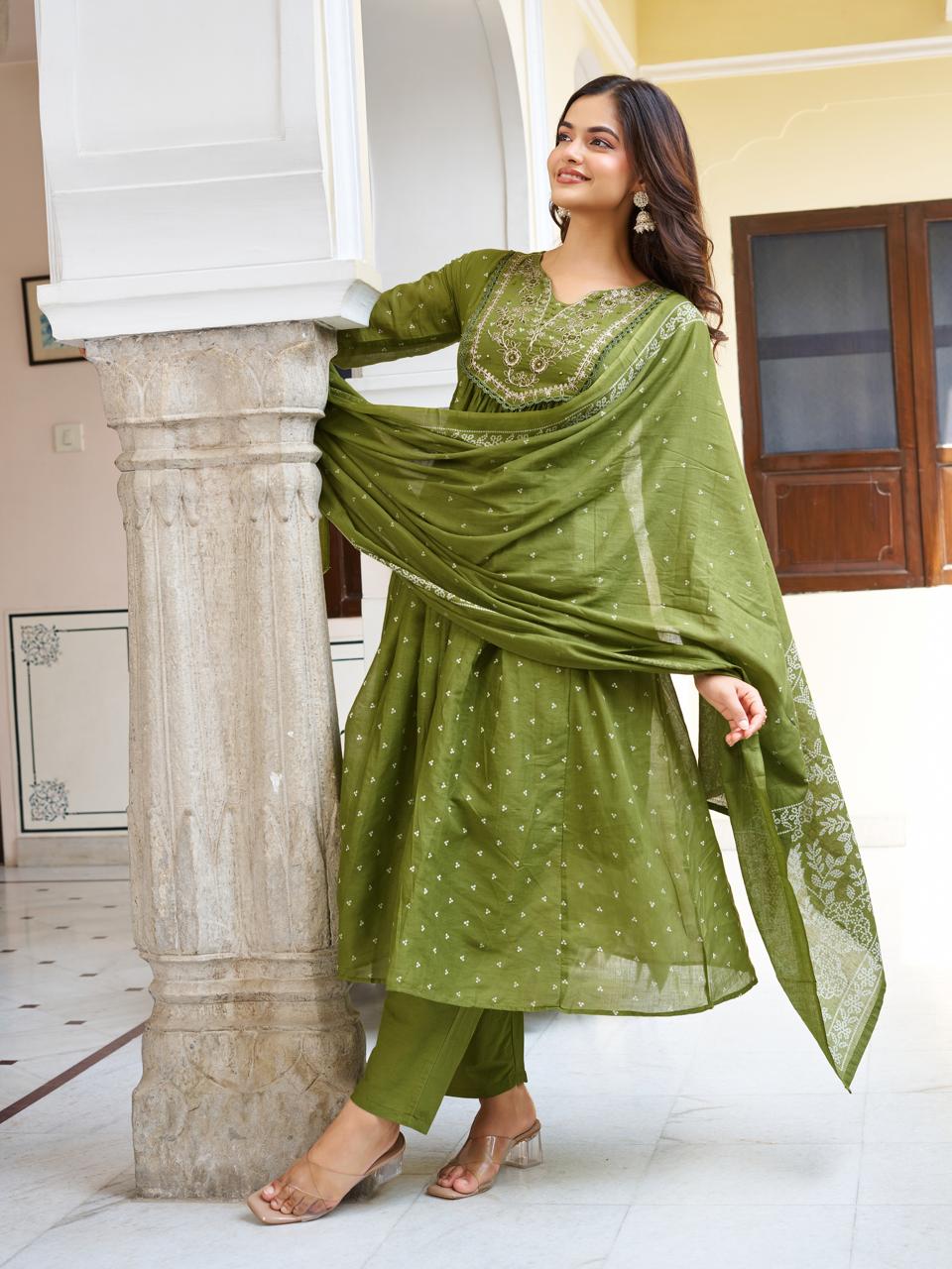 Olive Embroidered Anarkali Kurta Set