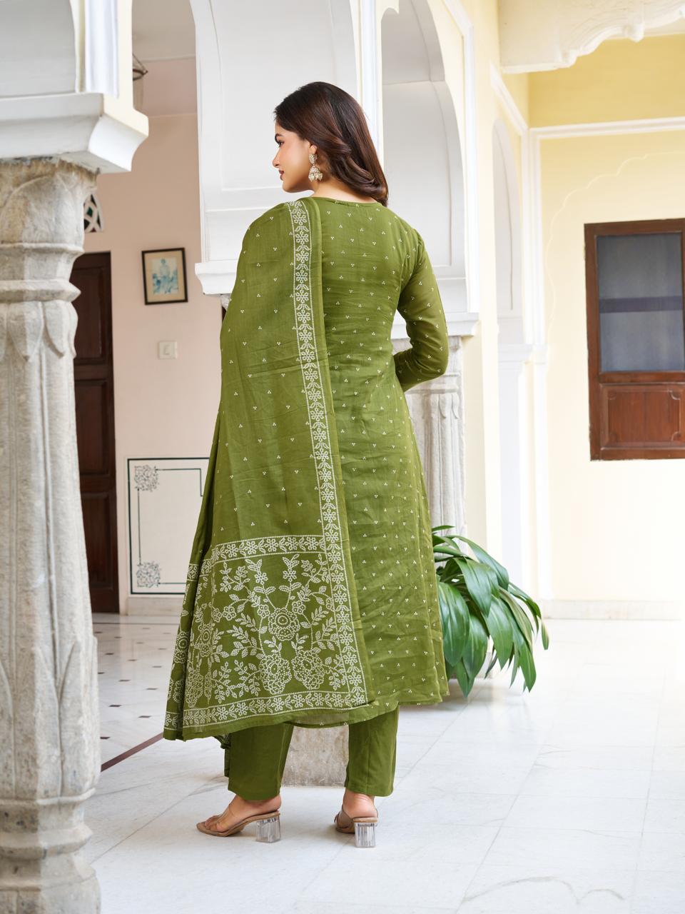 Olive Embroidered Anarkali Kurta Set
