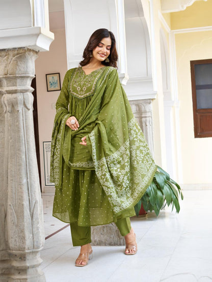 Olive Embroidered Anarkali Kurta Set