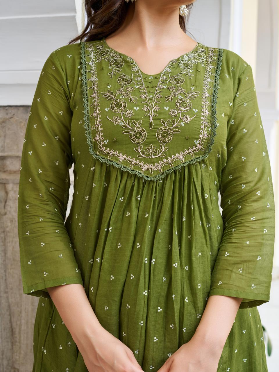Olive Embroidered Anarkali Kurta Set