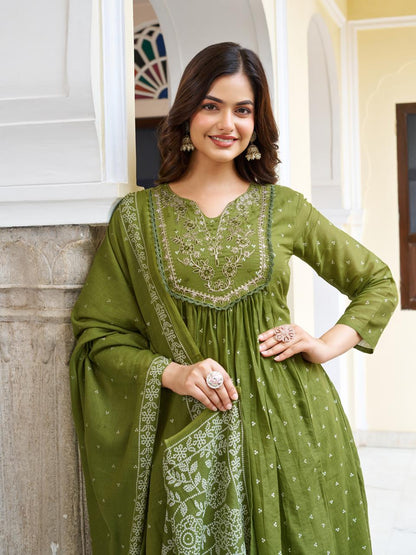 Olive Embroidered Anarkali Kurta Set