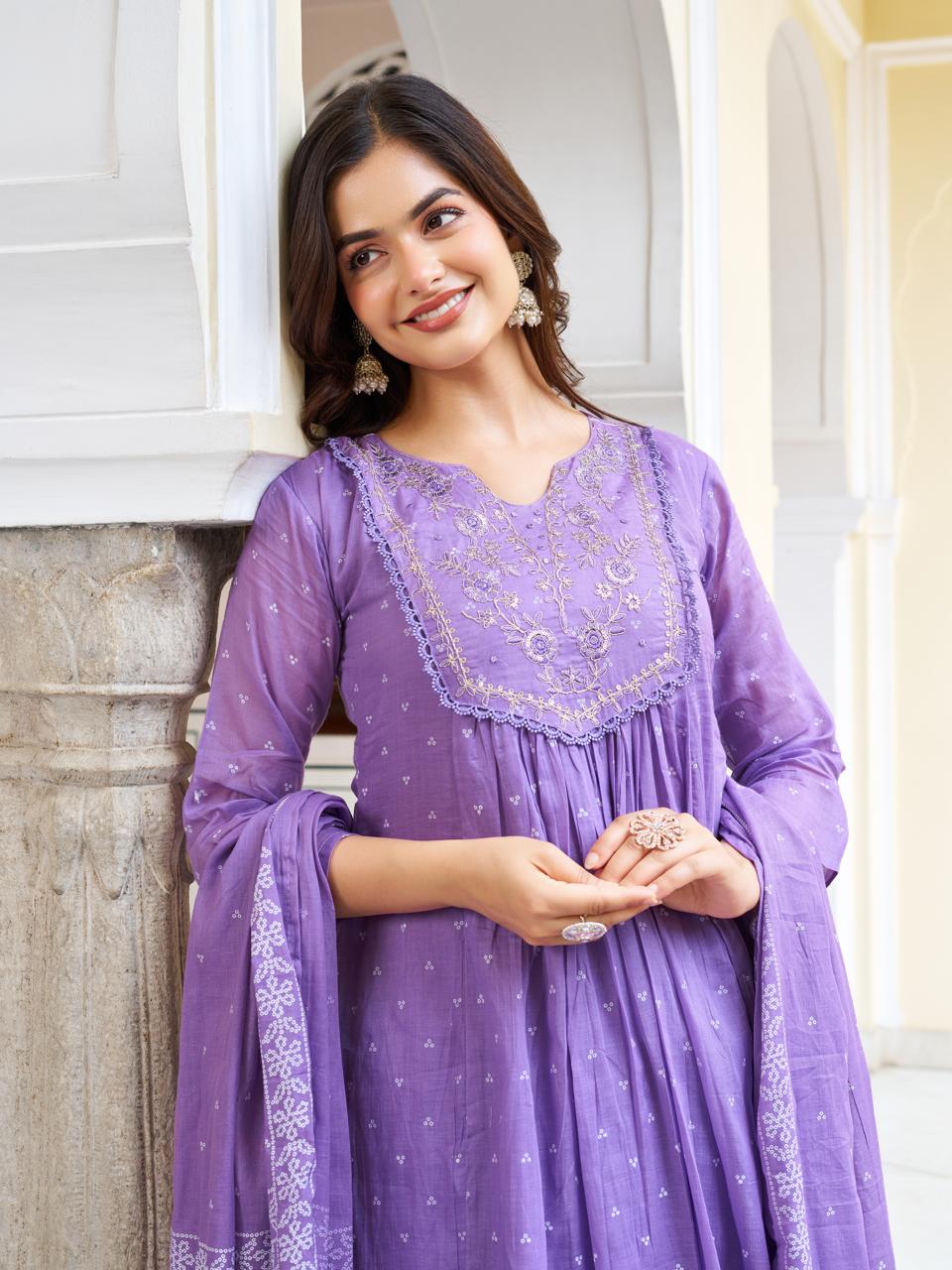 Purple Bloom Hand-Embroidered Kurta Set