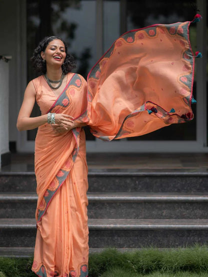 Peach Printed Saree with Contrast Border