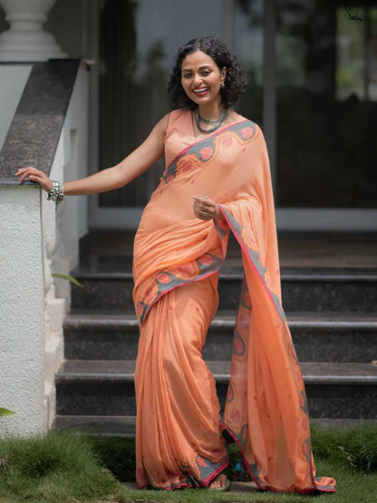 Peach Printed Saree with Contrast Border