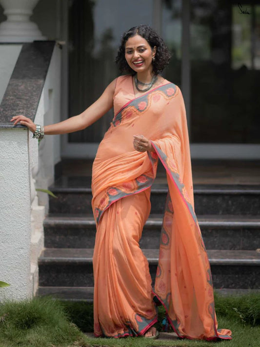 Peach Printed Saree with Contrast Border