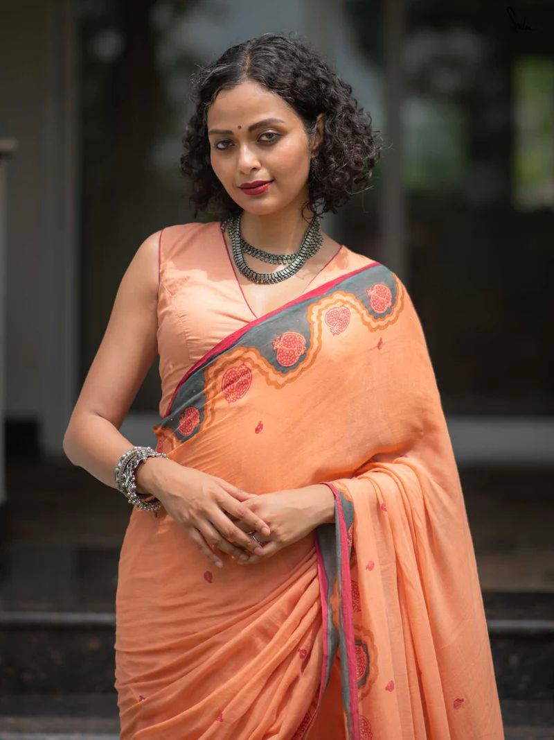Peach Printed Saree with Contrast Border