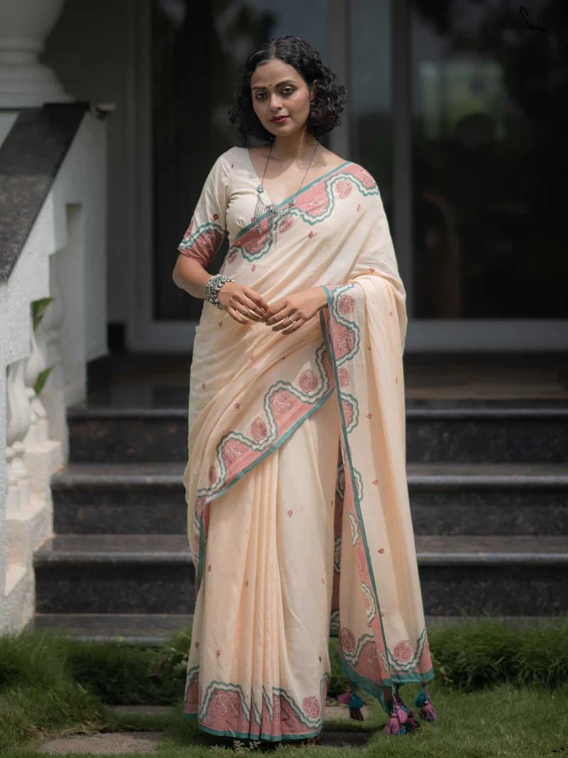 Beige Printed Saree with Tassels
