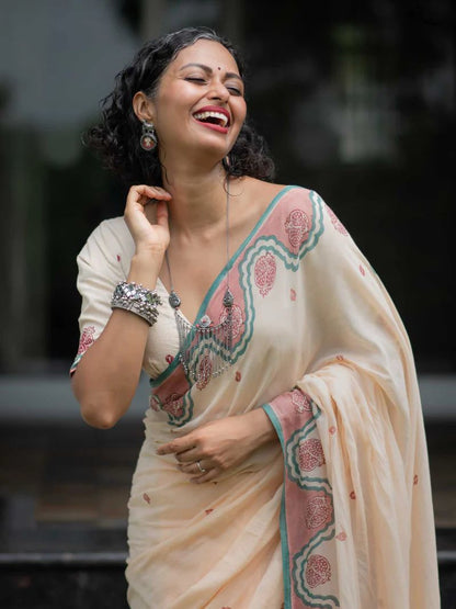 Beige Printed Saree with Tassels