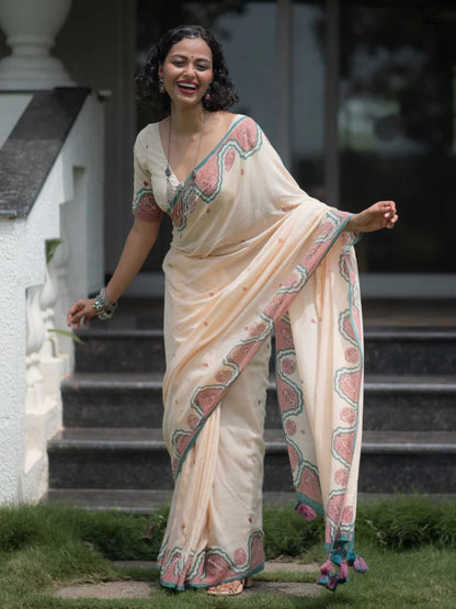 Beige Printed Saree with Tassels
