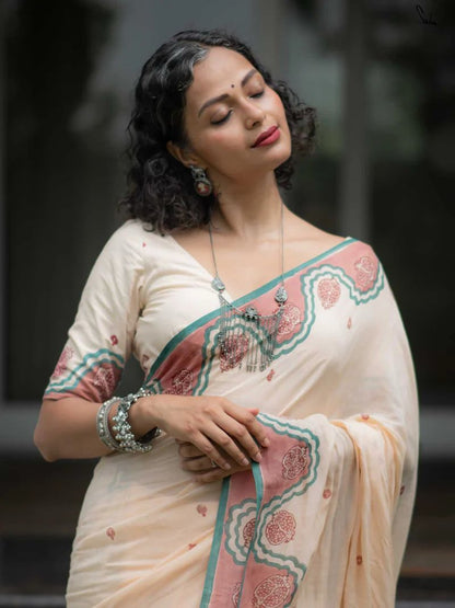 Beige Printed Saree with Tassels