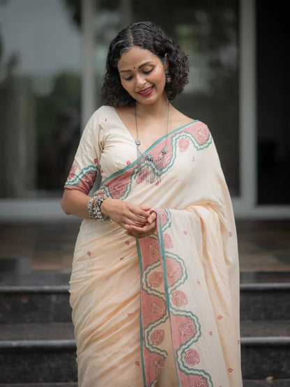 Beige Printed Saree with Tassels