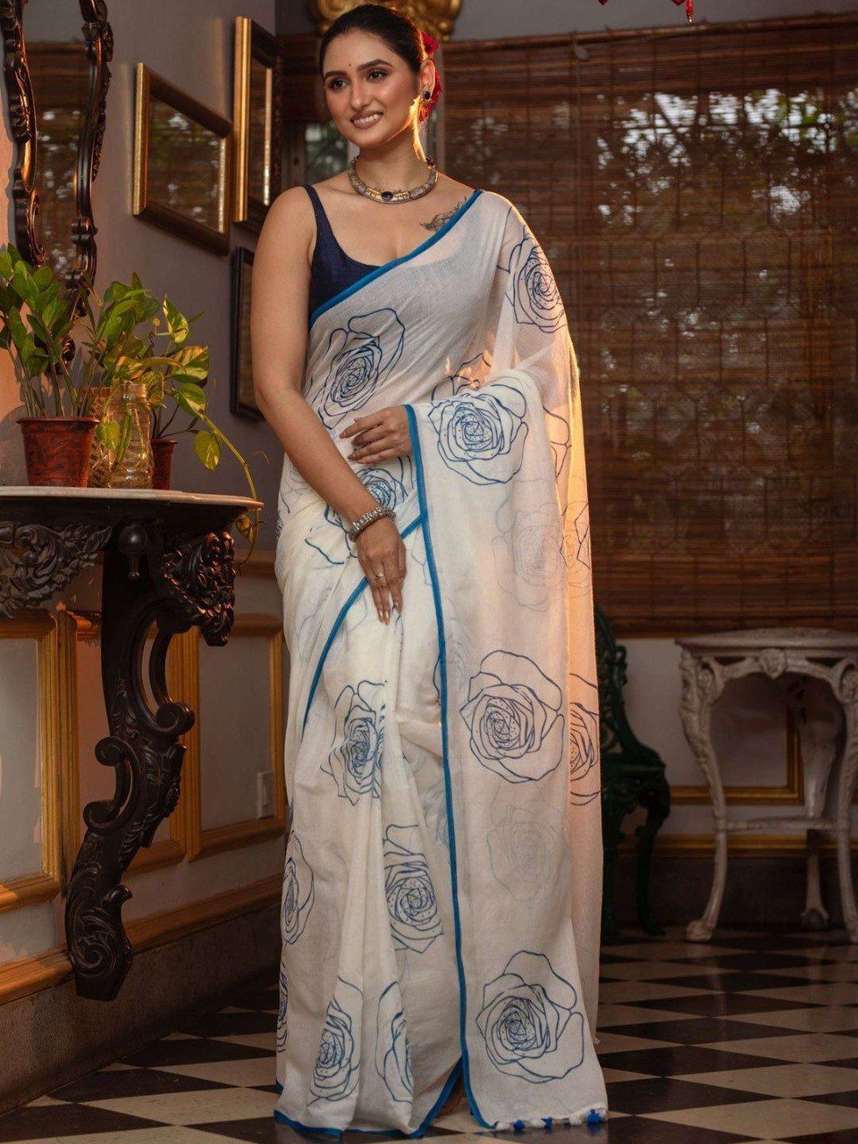White & Blue Floral Cotton Saree