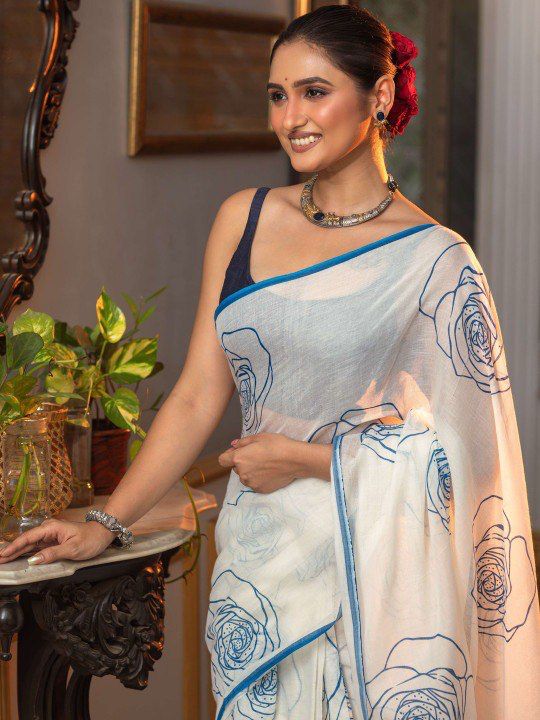 White & Blue Floral Cotton Saree
