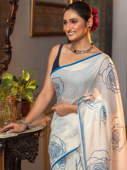 White & Blue Floral Cotton Saree