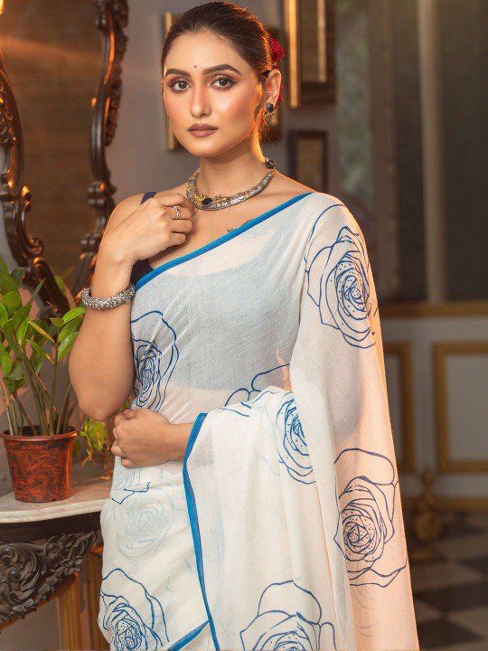White & Blue Floral Cotton Saree