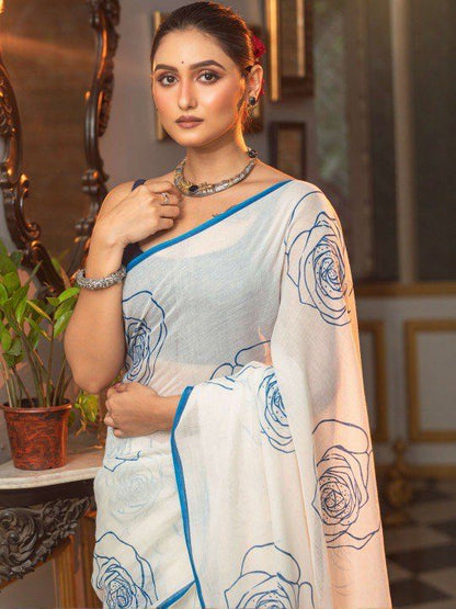 White & Blue Floral Cotton Saree