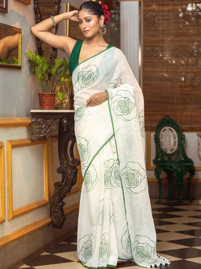 Off-White Printed Saree with Green Border
