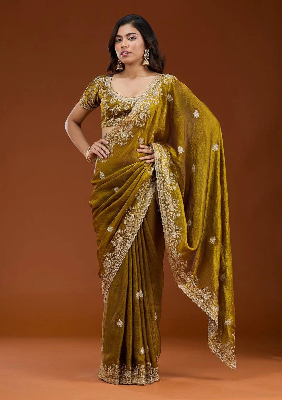 Mustard Elegance Embroidery Motifs Saree