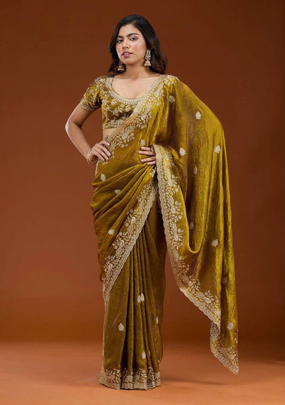 Mustard Elegance Embroidery Motifs Saree