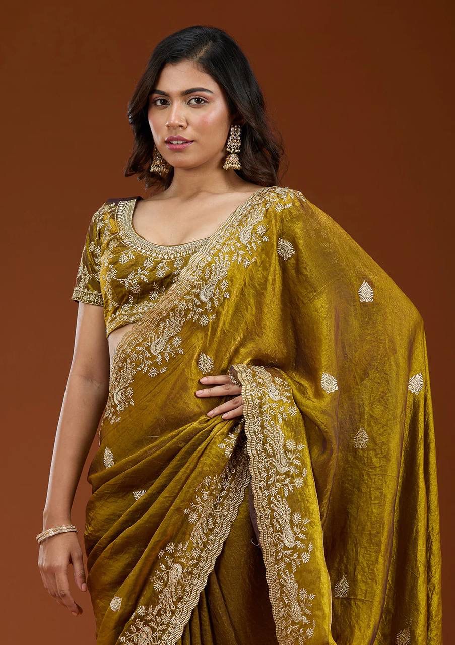 Mustard Elegance Embroidery Motifs Saree