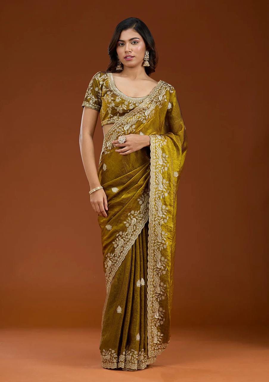 Mustard Elegance Embroidery Motifs Saree