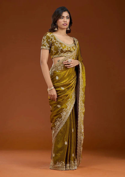 Mustard Elegance Embroidery Motifs Saree