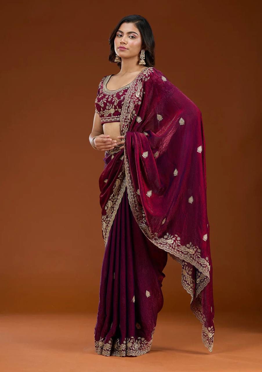 Wine Premium Rich Embroidered Saree