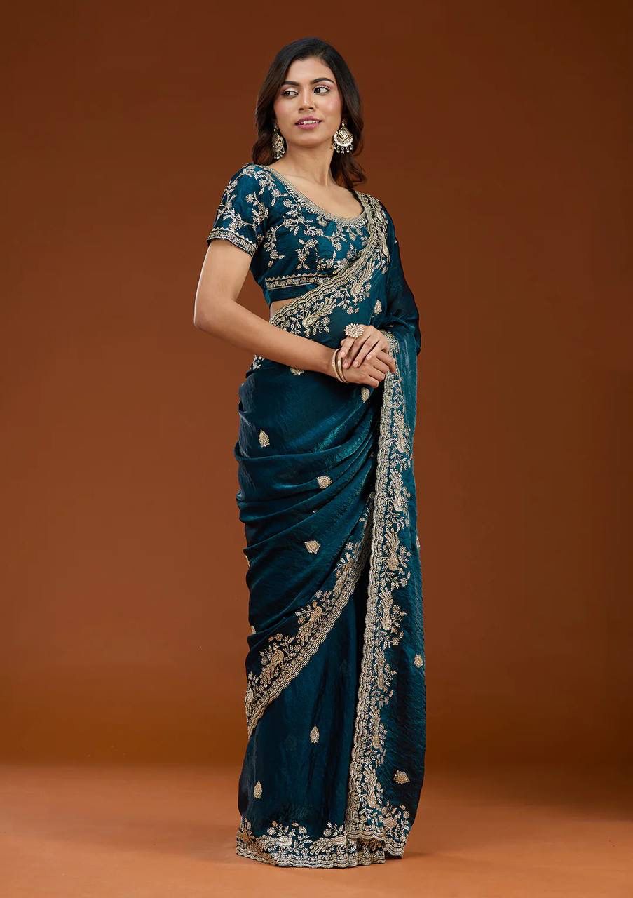 Teal Luxury Handwork Embroidered Saree
