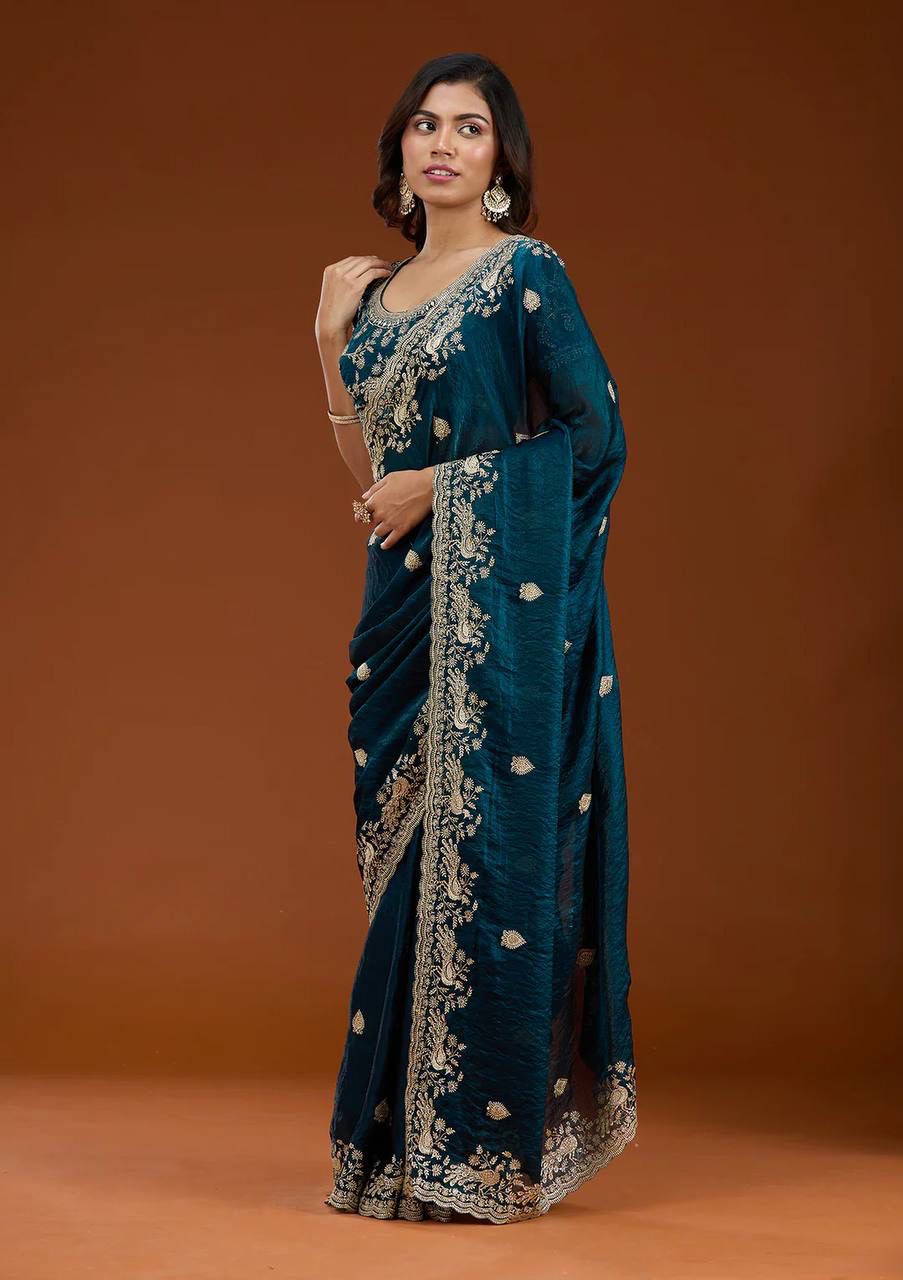 Teal Luxury Handwork Embroidered Saree
