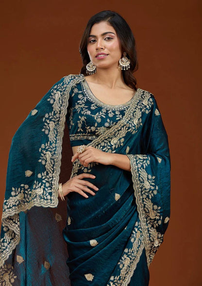Teal Luxury Handwork Embroidered Saree