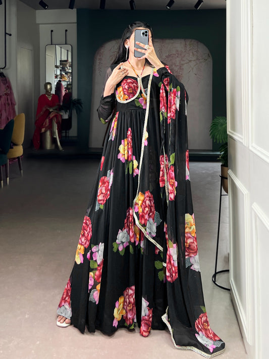 Black Rose Cascade Printed Gown