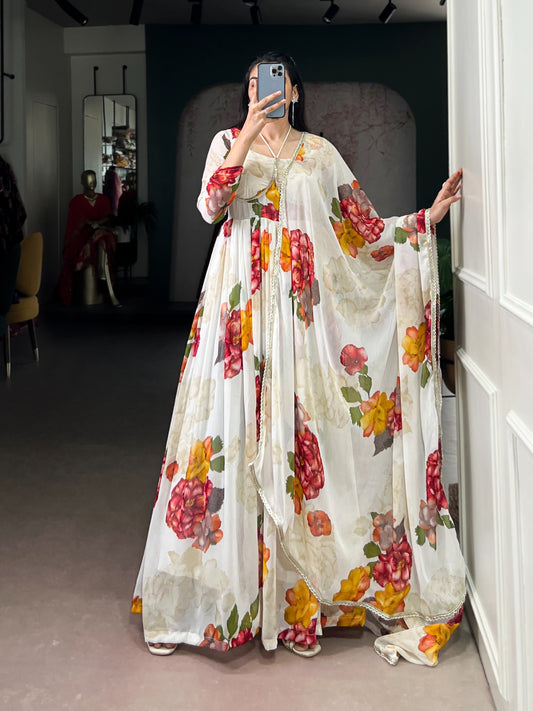 White Rose Blossom Printed Western Gown