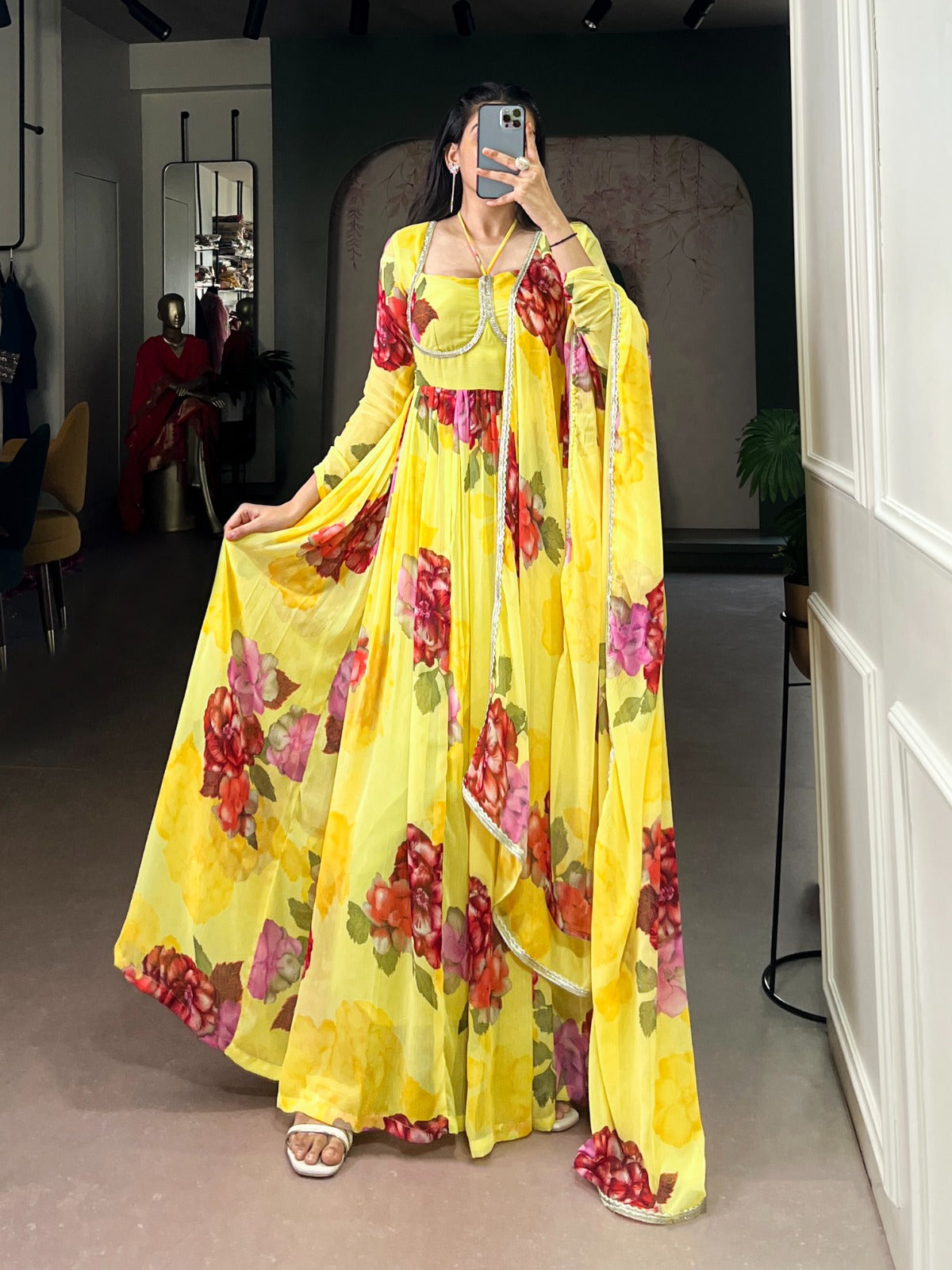 Yellow Floral Printed Flowing Western Gown