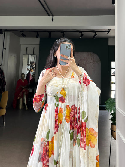 White Rose Blossom Printed Western Gown