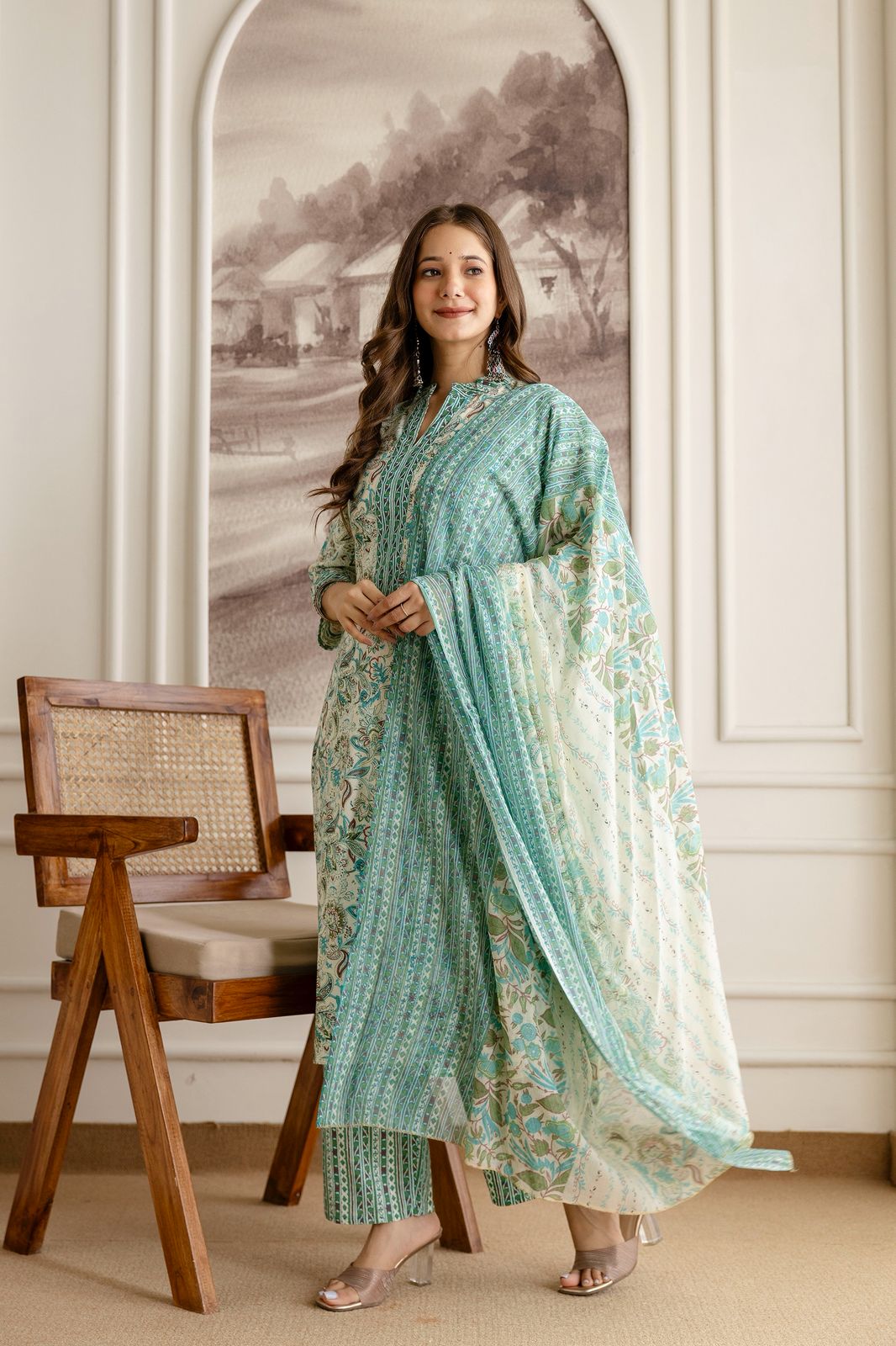 Mint Green Printed Kurta Pant Set with Dupatta