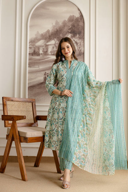 Mint Green Printed Kurta Pant Set with Dupatta
