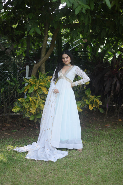 White Premium Readymade Alia Cut Gown
