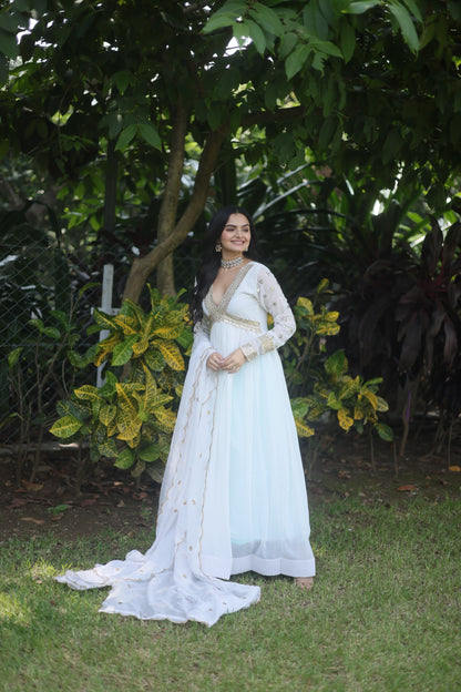 White Premium Readymade Alia Cut Gown